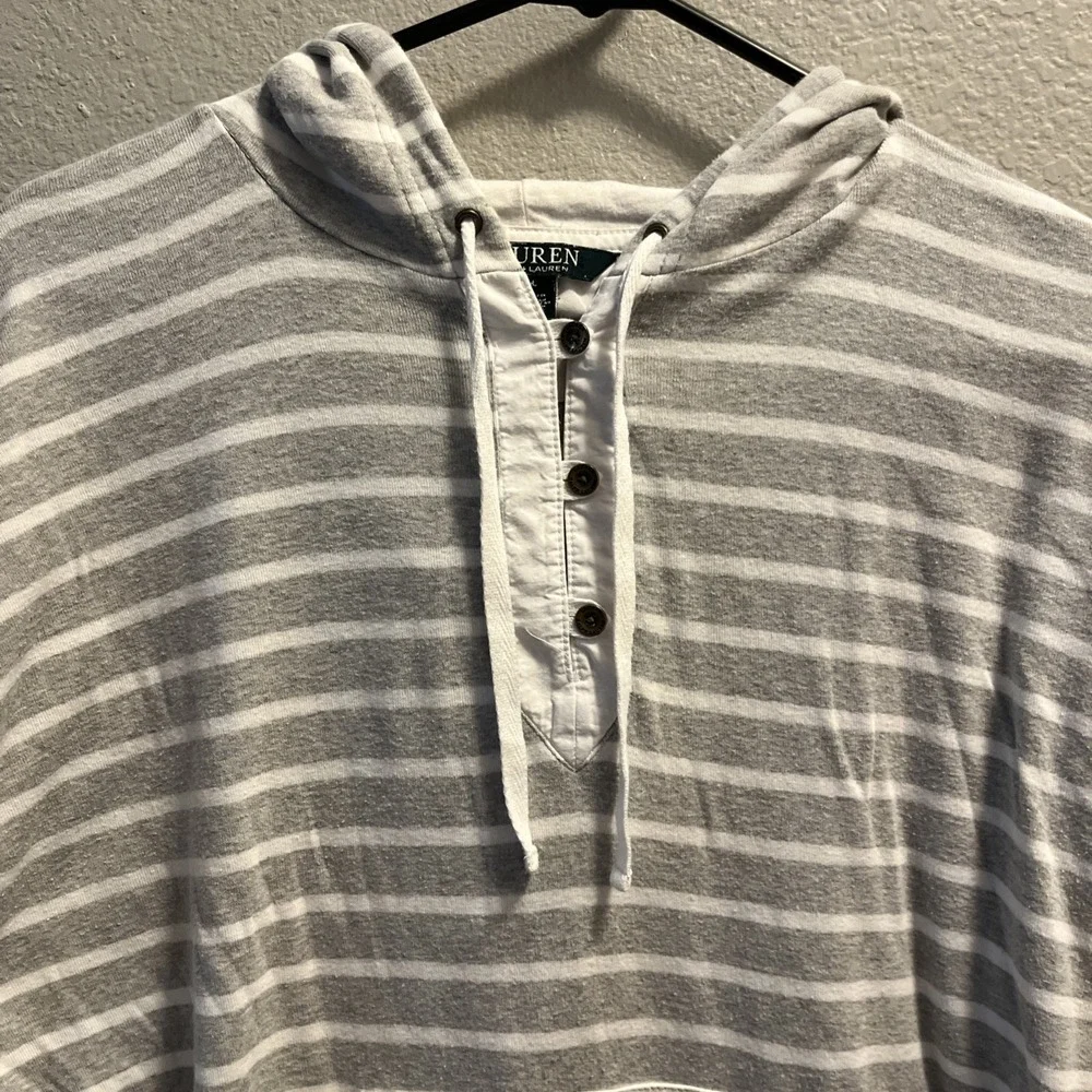 Lauren Ralph Lauren Womens Large Henley Style Shirt‎ W/hood Gray White Striped